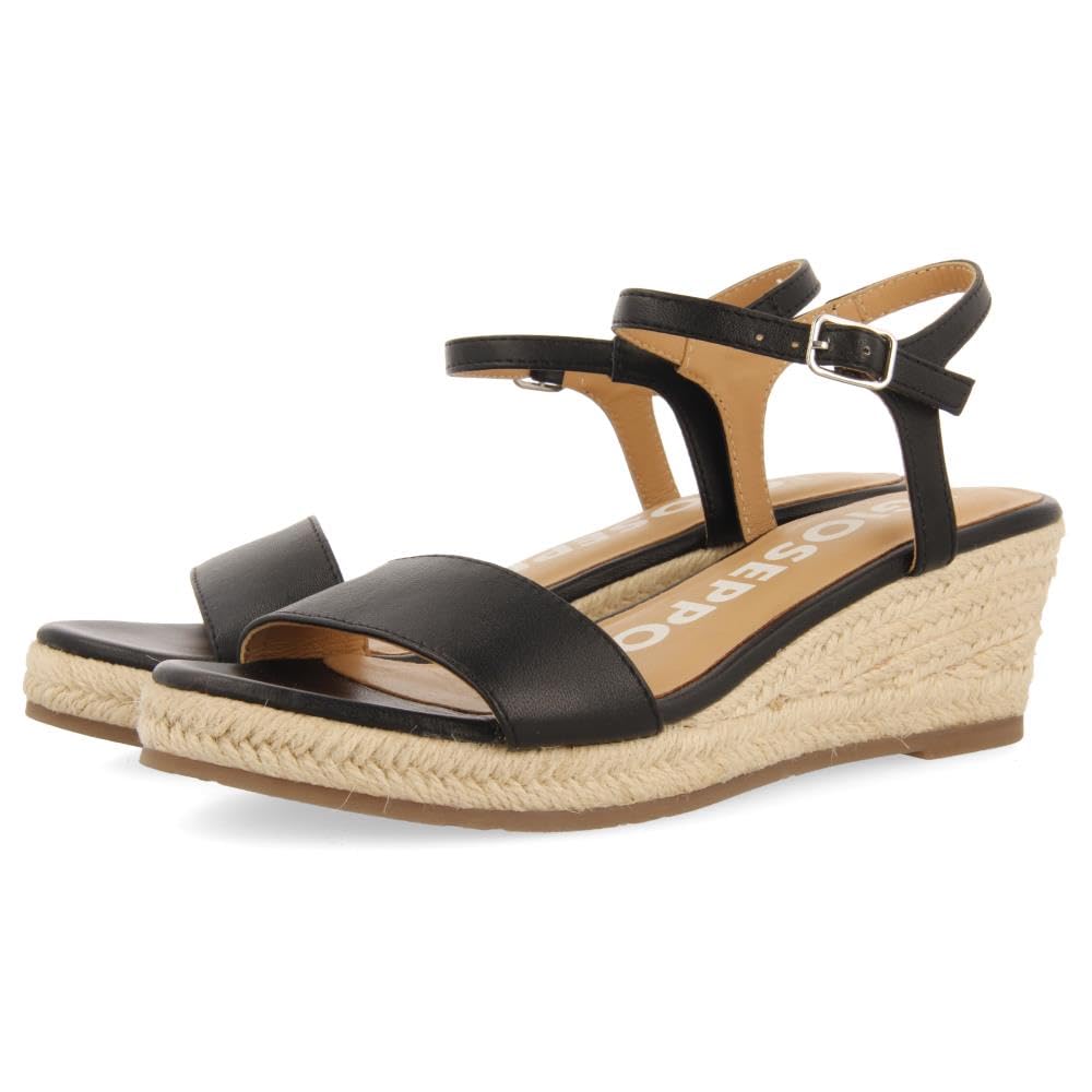 GIOSEPPO Black Leather Sandals with Jute Wedge for Women YALAHA, Black/White, 8 UK