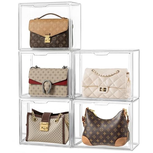 HBlife 5 Pack Purse Storage Organizer for Closet, Medium Clear Stackable Handbag Display Case Box with Magnetic Door for Collectibles, Cosmetics, Women Heels and Toys