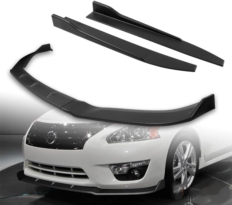 5pcs Combo Front Bumper Body Kit Lip + Side Skirt Extensions Diffuser Compatible with 2013-2015 Nissan Altima Sedan/4DR Only (Unpainted Black)