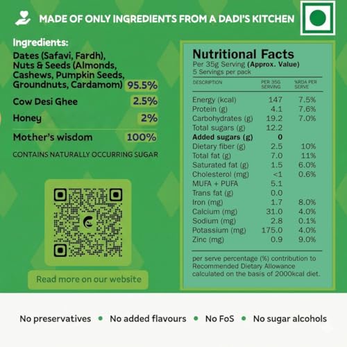 Image of LADDUBAR Dryfruit Energy Bars | 10% Protein | 96% Dryfruits & Dates | Purchase one get one | Gluten Free | No Refined Sugar | Fasting Friendly | Mama Nourish | Pack of 1(5 Bars x 35g) | As Seen on Shark Tank India