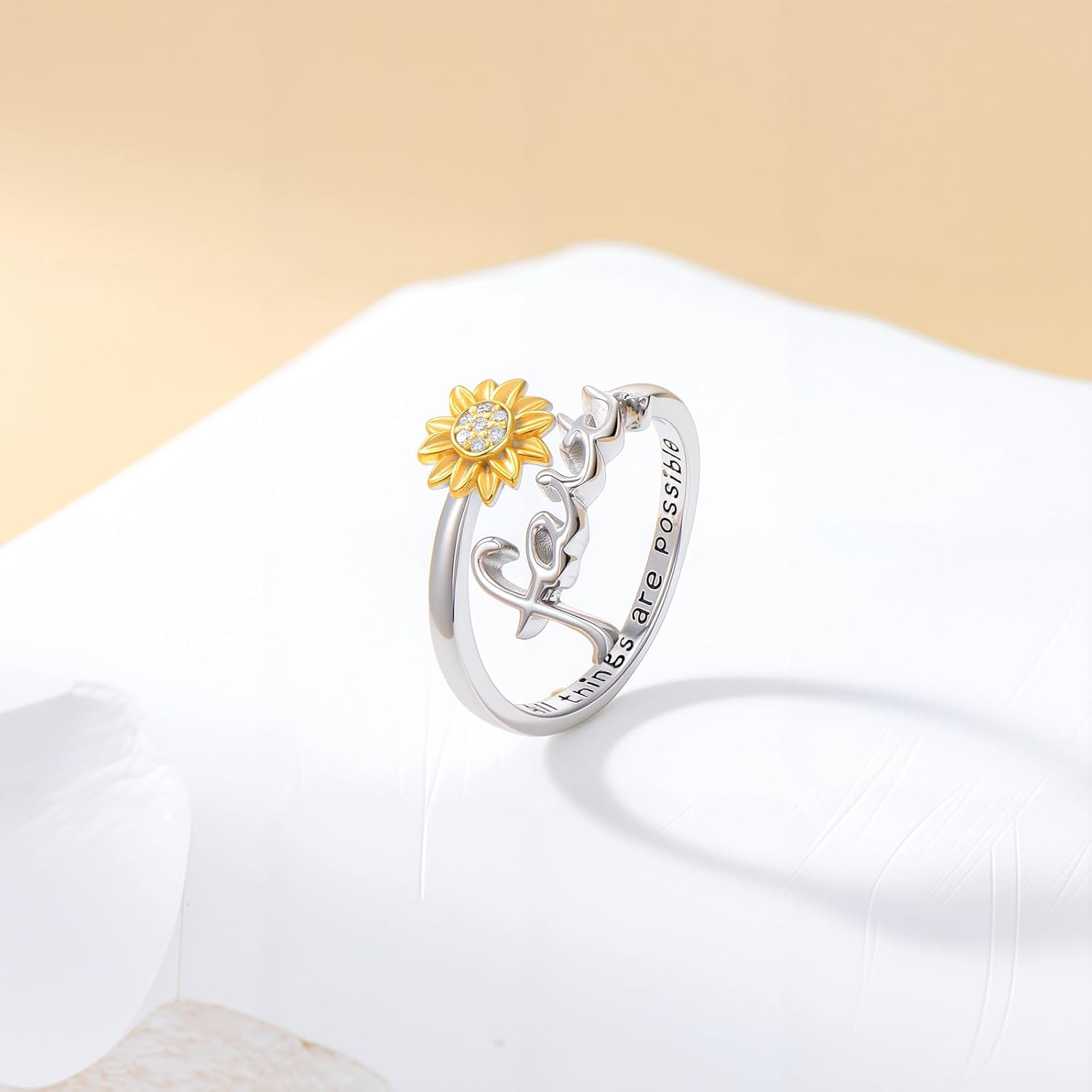 Diamond Sunflower Faith Ring for Women 925 Sterling Sliver Adjustable You Are My Sunshine Sunflower Open Faith Ring Religious Christian Jewerly Gifts