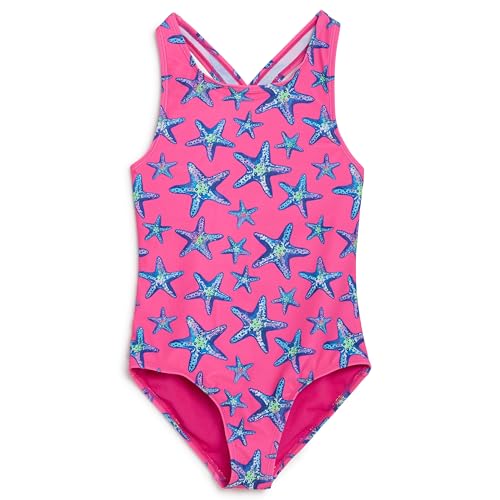 Lands' End Girls' Swimwear UPF 50 One Piece Swim Suit, Pink Shell Fish, Medium
