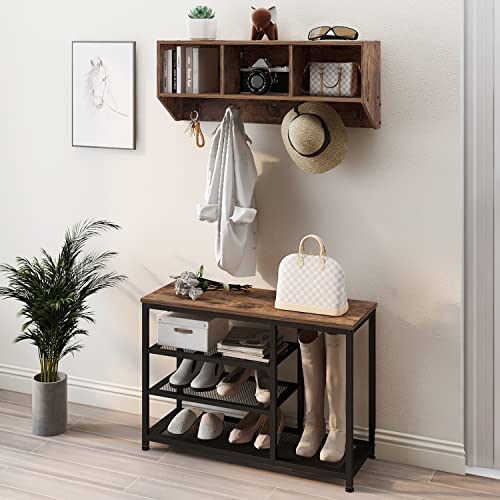 Espelism Coat Rack Shoe Bench Set Entryway Hall Tree With Bench Shoe Rack Wall Mounted Coat Rack 3 Storage Cubbies Display Shelf For Hallway Wooden And Metal Frame (Brown) #TOP26