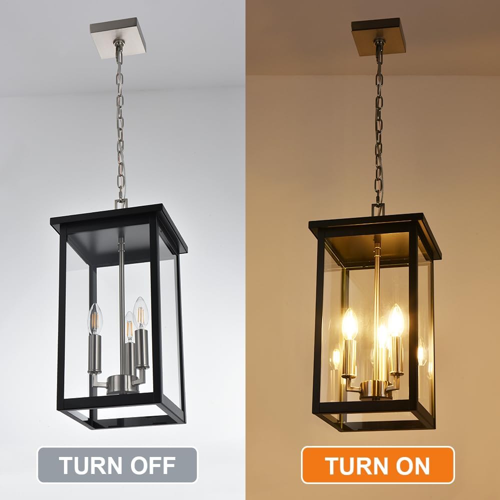 3-Lights Outdoor Pendant Light Fixtures, Modern Large Hanging Exterior Lantern Lighting with Adjustable Chain, Farmhouse Outdoor Ceiling Porch Chandelier for Doorway Yard, E12 Bulb Base