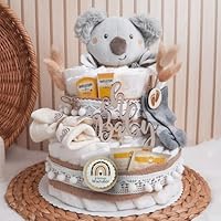 Windeltorte Boho Vintage Stil | Geschenk zur Geburt | Made in Germany | mit Baby-Schmusetuch, hochwertigen Pflegeprodukten, Babytee, Söckchen, Tuch & schönem Zubehör | Baby Geschenk