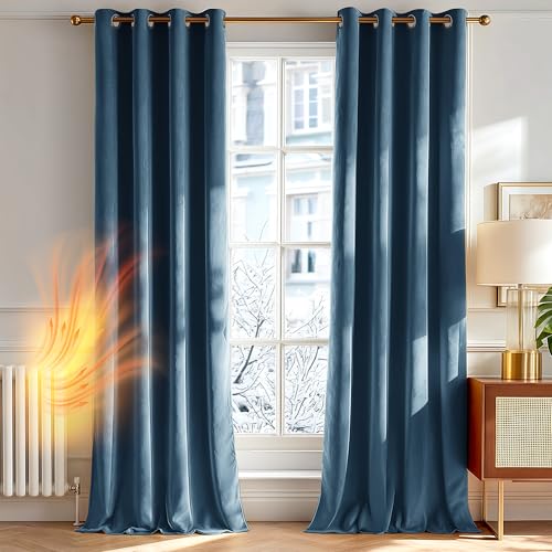 Deconovo Tende per Interni Eleganti in Velluto – Set di 2 Pannelli Moderni con Occhielli, 140x180 cm, Blu Grigio, Decorative per Finestre di Camera da Letto, Salotto e Soggiorno