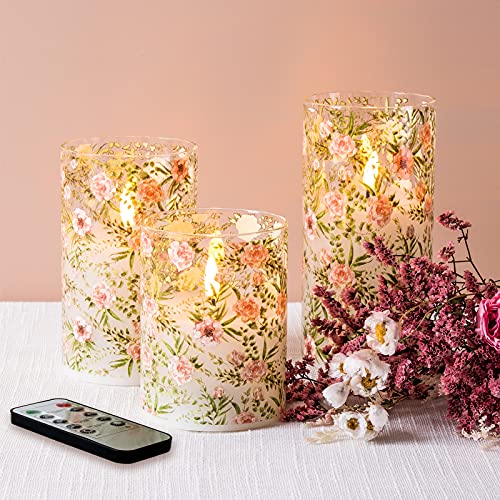 Eywamage Floral Glass Flameless Candles with Remote, Flickering Realistic Battery LED Candles Set of 3