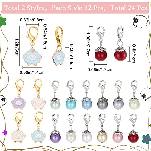 SUNNYCLUE 1 Box 24Pcs 2 Styles Stitch Marker Charms Crochet Stitch Marker Glass Pearl Sheep Clip on Charms Bulk Stitch Markers for Knitting Weaving Sewing Accessories Women Adults DIY Crafts Supplies - Image 2