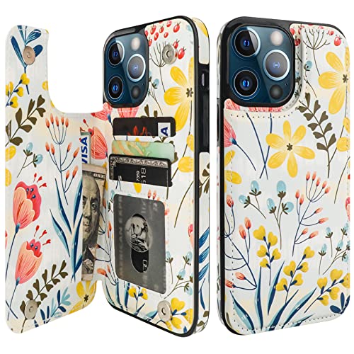 Image of HAOPINSH for iPhone 13 Pro Max Wallet Case with Card Holder, Floral Flower Back Pattern Folio Flip PU Leather Kickstand Card Slots Case, Double Magnetic Clasp Durable Shockproof Cover 6.7 inch