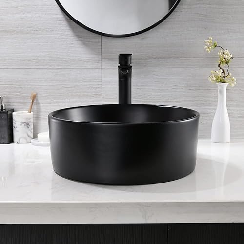 Miniatura 8 de Fregadero redondo con grifo negro y combo de drenaje, 16 x 16 pulgadas, moderno fregadero de baño sobre mostrador, fregadero redondo de cerámica