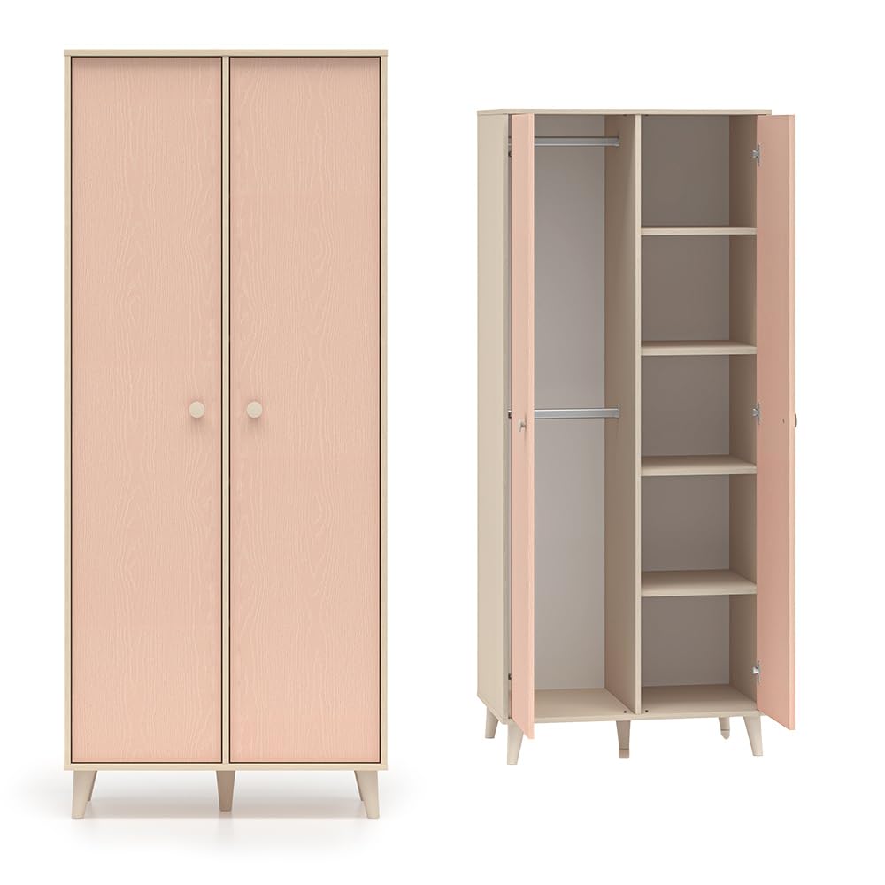Lomadox Kinderzimmer Set 2-teilig in Sandbeige mit rosa, Kleiderschrank mit 2 Kleiderstangen Regal offen Softclose-Funktion fühlbare Holzstruktur
