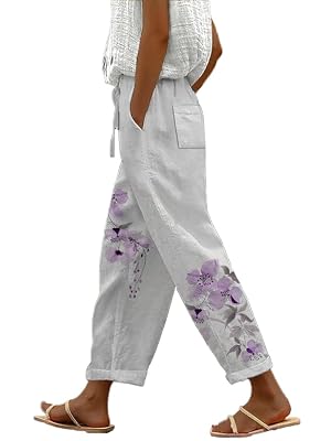Linen Boho Pants for Women Butterfly Print Loose Casual Pants with Pockets Comfy Elastic Waist Lightweight Trousers