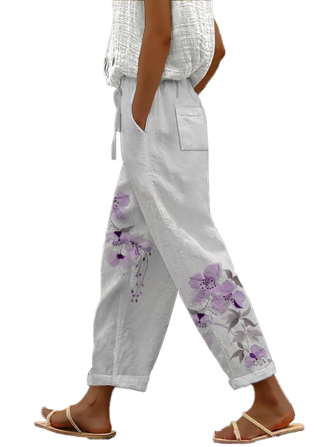 Linen Boho Pants for Women Butterfly Print Loose Casual Pants with Pockets Comfy Elastic Waist Lightweight Trousers