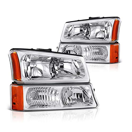 Replacement Headlight Assembly GCVSV03-A4 with Signal Driving Light Chrome Housing Amber Reflector Clear Lens compatible with Silverado 1500 HD 2500 HD Avalanche 2003-2007 Passenger & Driver Side