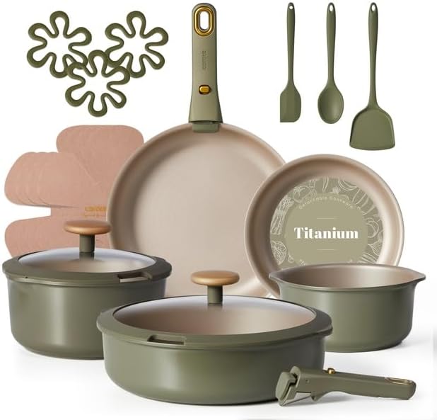 CAROTE 19 Pcs Pots and Pans Set, Nonstick Cookware Sets with Detachable Handle, Oven Safe, Cookware Non Stick Cooking Set w/Frying Pans & Saucepans Green(PFOS, PFOA Free)