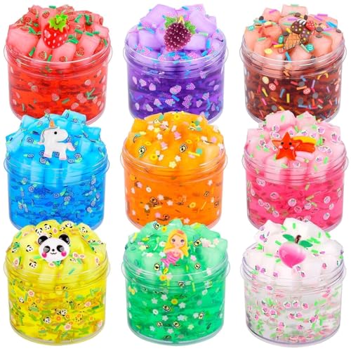 9 Pack Jelly Cube Clear Fluffy Slime Making Kit Party Favor Crunchy Crystal Slime Charms for Girls and Boys DIY Birthday Boba Slime for Kids Bag Fillers Soft Non-Sticky Stress Relief Toys