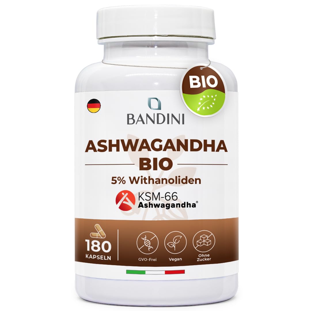 Bandini® Bio Ashwagandha KSM-66® - 180 Kapseln aus Withania Somnifera Pulver mit 5% Witanoliden - Hochdosiert mit 500mg je Kapsel – Hochwertige indische Schlafbeere - 6 Monate Vorrat - 100% Vegan