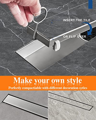 Kuzor 36 Inch Linear Shower Drain, Reversible 2 In 1 Cover Tile Insert Grate Removable Brushed 304 Stainless Steel Rectangular Floor Drain Kit With Hair Strainer, Fast Drainage #TOP2