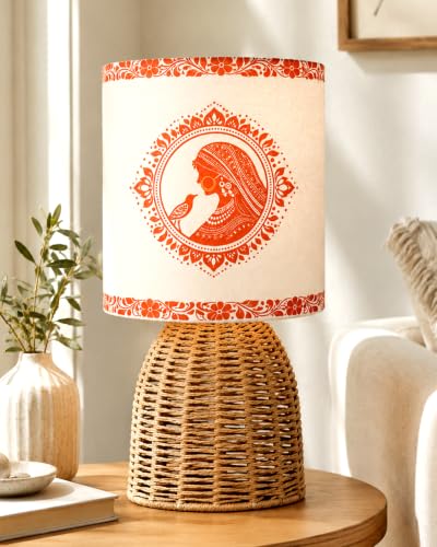 Image of Homesake Handwoven Rattan Table Lamp with Aipan Art Printed Fabric Shade, Decorative Raffia Oval Bedside Lamp, Boho Cane Table Lamp with E27 Holder, Living Room & Bedroom Home Decor