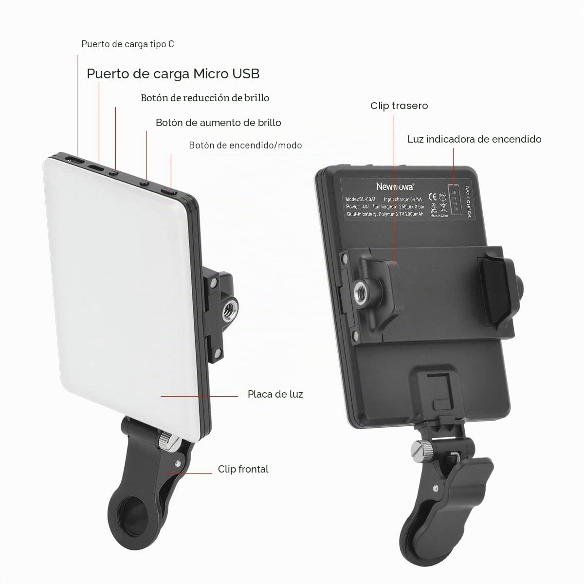 Newmowa 60 LED Video Light, 3200-5600K 3 Modos de iluminación y Brillo 10 Niveles Regulable CRI95+ portátil Light para teléfono, iPhone, Android, iPad, Laptop