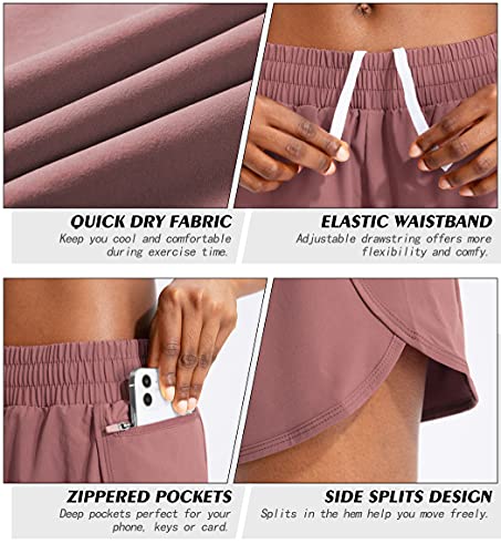 Soothfeel Womens Running Shorts with Zipper Pockets High Waisted Athletic Gym Workout Shorts for Women with Liner Old Rose - Thumbnail 4