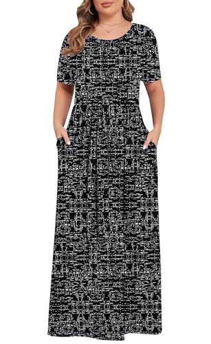 Image of KARALIN Women Plus Size Maxi Dress Short Sleeve Round Neck Loose Fit A-Line | Plus Size Long Dress,Summer Casual Maxi Dresses,Short Sleeve,Side Pockets,Round Neck,Elastic Waist,14 Plus - 26 Plus