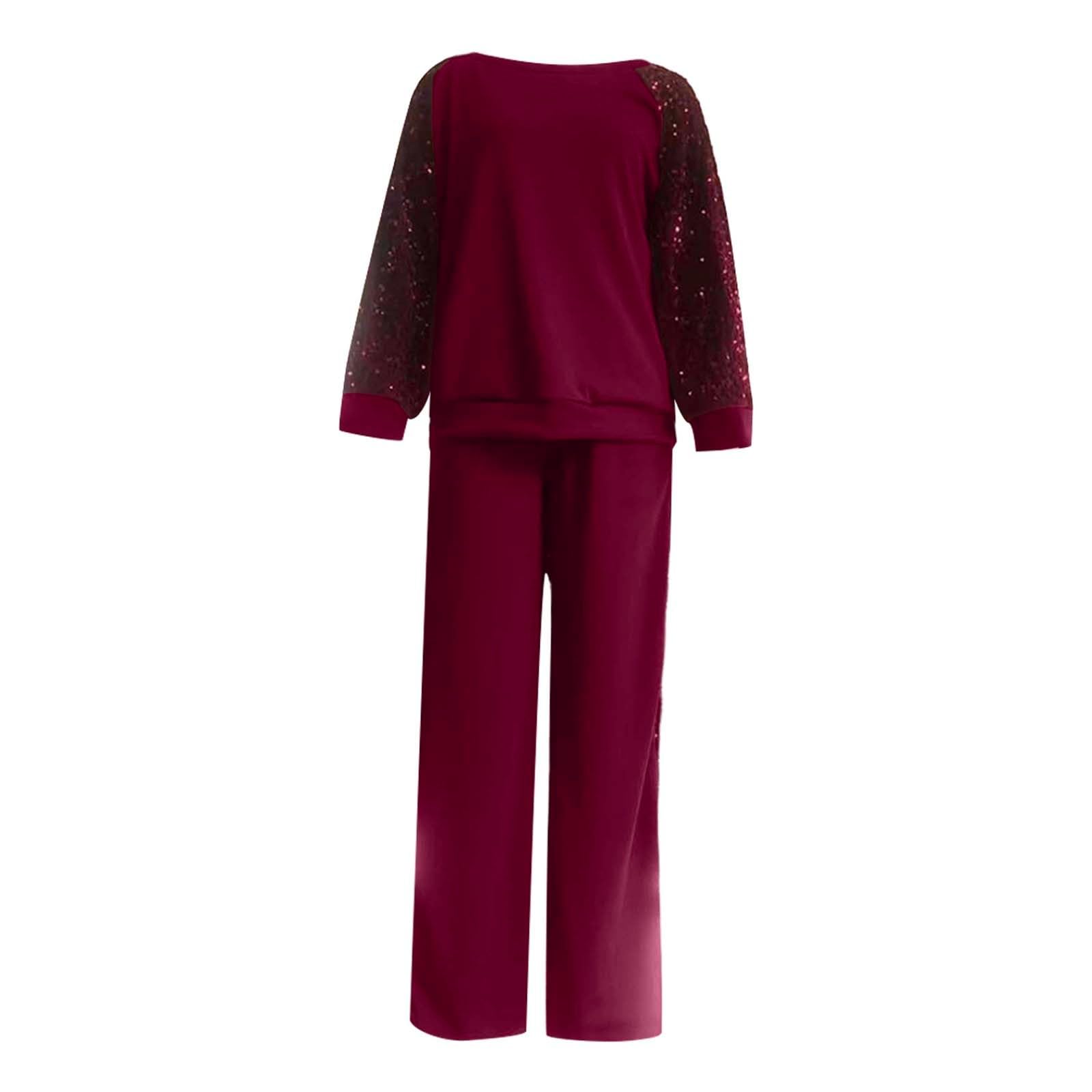 Damen-Strickoberteil mit Pailletten Rundhalsausschnitt sowie passender Hose als lässiges Zweiteiler-Set