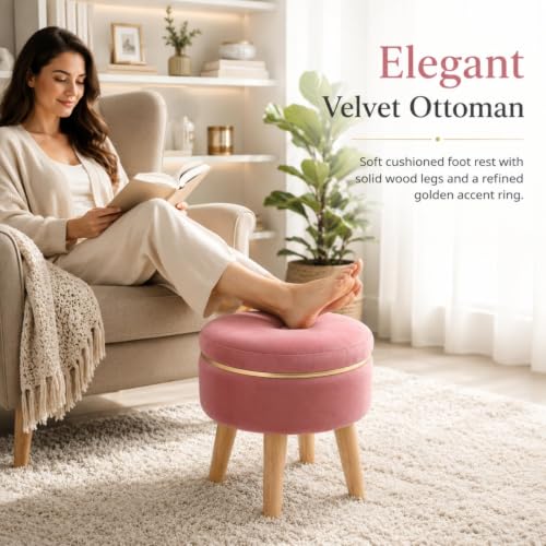 Image of Ottoman Stool for Living Room Foot Rest | Velvet Small Ottoman Foot Stool | Solid Wood Legs | Footstool Puffy for Home, Bedroom & Makeup Table | 30 x 30 cm (12 x 12 Inch) | Gajri