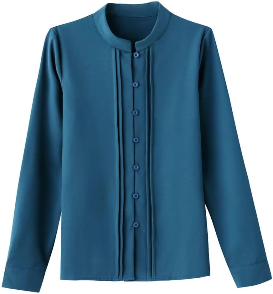 Women's Solid Silk Shirt Long Sleeve Stand Collar Simple Office Lady Blouse Elegant Top