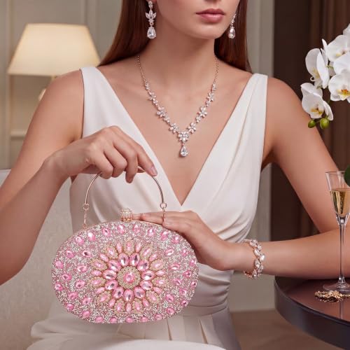 Image of Quelay 4 Pcs Purse Rhinestone Jewelry Set for Wedding Bridal Women Evening Clutch Bag Necklace Dangle Earrings Bracelets