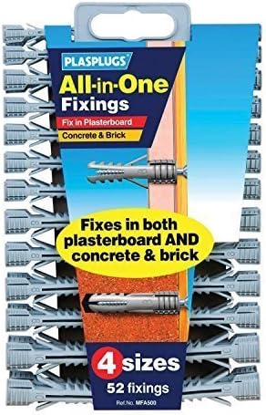All in One Multi Purpose Multi Fix Use Assorted Size Wall Plugs Heavy Duty Raw Rawl Plug Fixings Brick Stone Cement Concrete Hollow Cavity Partition Partitioning Drywall Professional Hanging Clamps Screw Fixing in Different Sizes Pack of 52