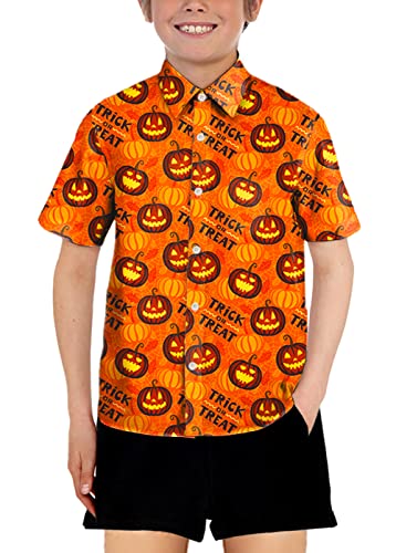 Image of Boys Pumpkins Button Down Shirts Girls Kids Halloween Short Sleeve Top Orange 11-12 Years