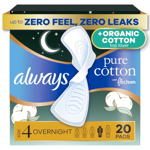 Always Pure Cotton, Organic Cotton top Layer Pads for Women with Wings, Feminine Care, Period, Menstrual, Sanitary, Postpartum, toallas sanitarias para Mujer, Size 4 Overnight, Unscented, 60ct - image 1
