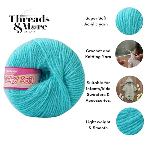 Image of Vardhman Baby Soft Yarn Pack of 6 - 4-Ply Acrylic Wool 150g Total | Soft Yarn for Knitting & Crocheting Baby Blankets, Sweaters, Toys & Accessories | 86m per 25g Ball (1, Turquoise Blue)