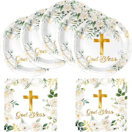 HJFZLY God Bless Tableware Set First Communion 20 Plates and 20 Napkins for Newborn Baptism Church Cross White Floral Party Decoration