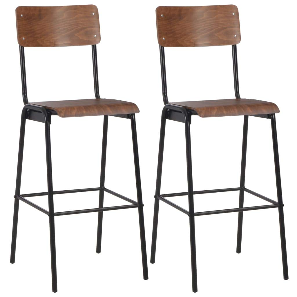 Ensemble de bar 3 pièces en acier marron noir avec plateau de table en pin massif et pieds en acier revêtu par pulvérisation, chaises de bar empilables, peu encombrant