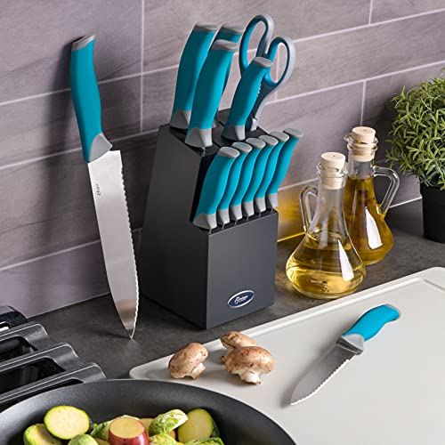 Oster Lindbergh 14 Piece Stainless Steel Cutlery Set Black Block, Teal Handles,Teal/Black #TOP7