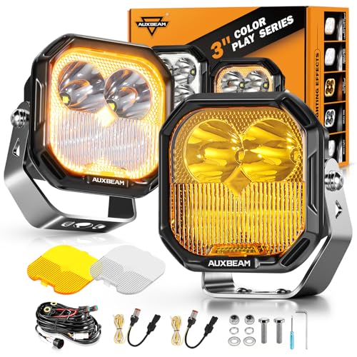 Image of Auxbeam Color Play Series 3 Inch LED Pods, Off Road Light with Amber White DRL & Turn Signal 100W Spot Flood Combo Beam Offroad Lighting Fog LED Cube Ditch Light for Jeep Truck ATV, 2 Years Warranty