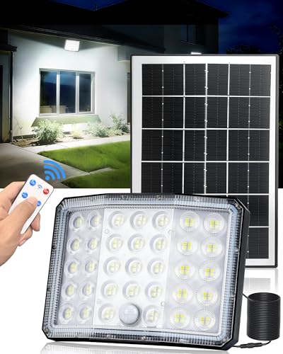 Luci Solari da Esterno, 3600mAh 4 Modes Faretto LED da Esterno Solare con Telecomando, Illuminazione a 210° Luce Solare LED Esterno, IP66 Impermeabile Faro LED Esterno con Pannello Solare, 1 Pezzo