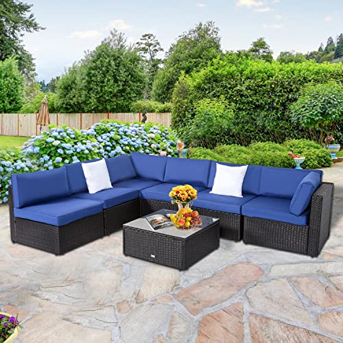 Kinbor 7 Piece Patio Furniture Set - Outdoor Pe Rattan Sectional Sofa, Wicker Conversation Set With Washable Cushions And Coffee Coffee Table For Porch, Poolside, Deck, Backyard (Dark Blue) #TOP1
