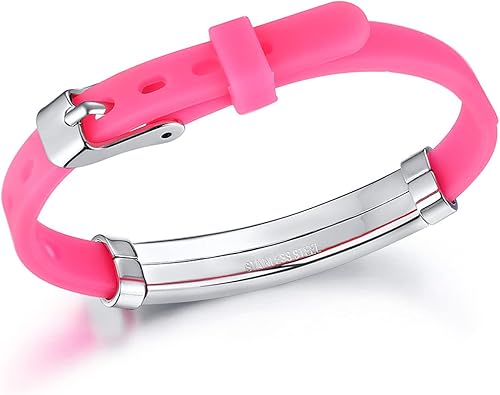 Miniatura 5 de MEALGUET Pulseras de identificación de seguridad para niños de silicona suave de acero inoxidable personalizadas de varios colores, pulseras de