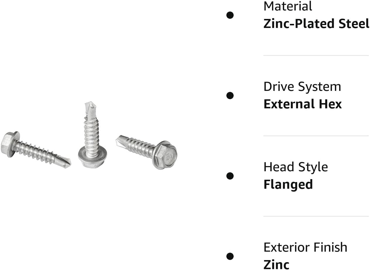 #8 x 3/4" Hex Washer Head Self-Drilling Tek Screw Zinc Plated Steel for Attaches Sheet Metal Steel or Steel to Metal - Box of 100