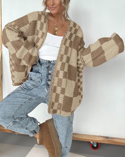 Image of BTFBM Casual Cardigan Sweater for Women Fall 2026 Long Sleeve Open Front Chunky Knit Sweaters Checkered Outwear Coat