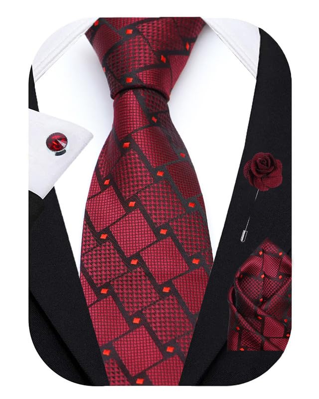 Image of Axlon Tie for Men - Micro Silk Neck Ties Set with Cufflinks Flower Pin, Pocket Square & Black Gift Box, Combo Necktie Sets for Office Wear, Formal Suits & Weddings (0, Checkpn)