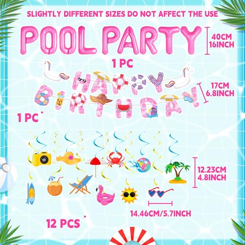 Image of Pink Pool Party Birthday Decorations, Summer Tropical Flamingo Hanging Swirl Streamers, Pool Party Foil Balloon Banner, Teen Girls Bachelorette Swimming Pool Happy Birthday Party Supplies