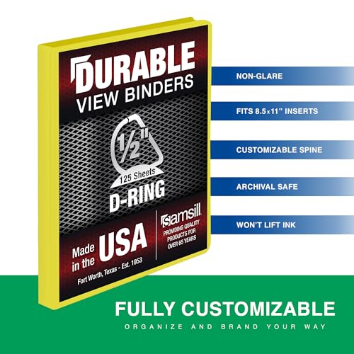 Image of Samsill Durable 0.5 Inch Binder, D Ring Binder, Customizable Clear View Cover, Lemon Yellow, Holds 125 Pages
