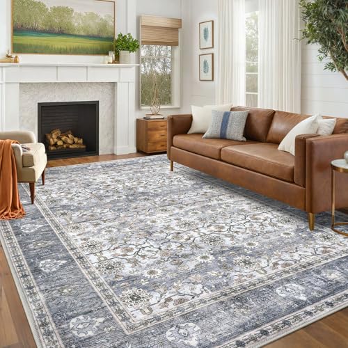 KUTA Vintage Floral Area Rug 6x9 Grey Blue, Washable Rugs