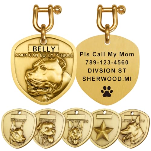 Personalized Dog ID Tag, Brass Shield Design with Custom Text, Multiple Breed Options - French...