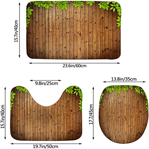 Badezimmerteppich-Set aus 3 Teilen, grüne Blätter auf Vintage-Holzbrettern im Landhausstil, waschbare Badeteppiche, rutschfest, mit Rückenpolster, Konturteppich und Toilettendeckelbezug – Bild 4