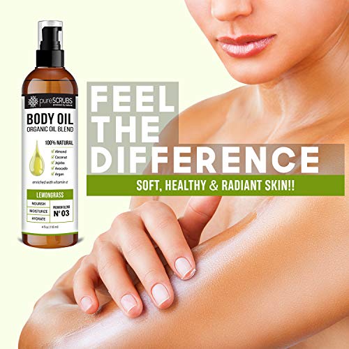 Purescrubs Ultra Moisturizing Lemongrass Body Oil Spray For Dry Skin, Massage, & More, Organic Super Blend Of Jojoba, Argan, Coconut, Sweet Almond & Avocado Oils Enriched With Vitamin E - Lg 4Oz #TOP5